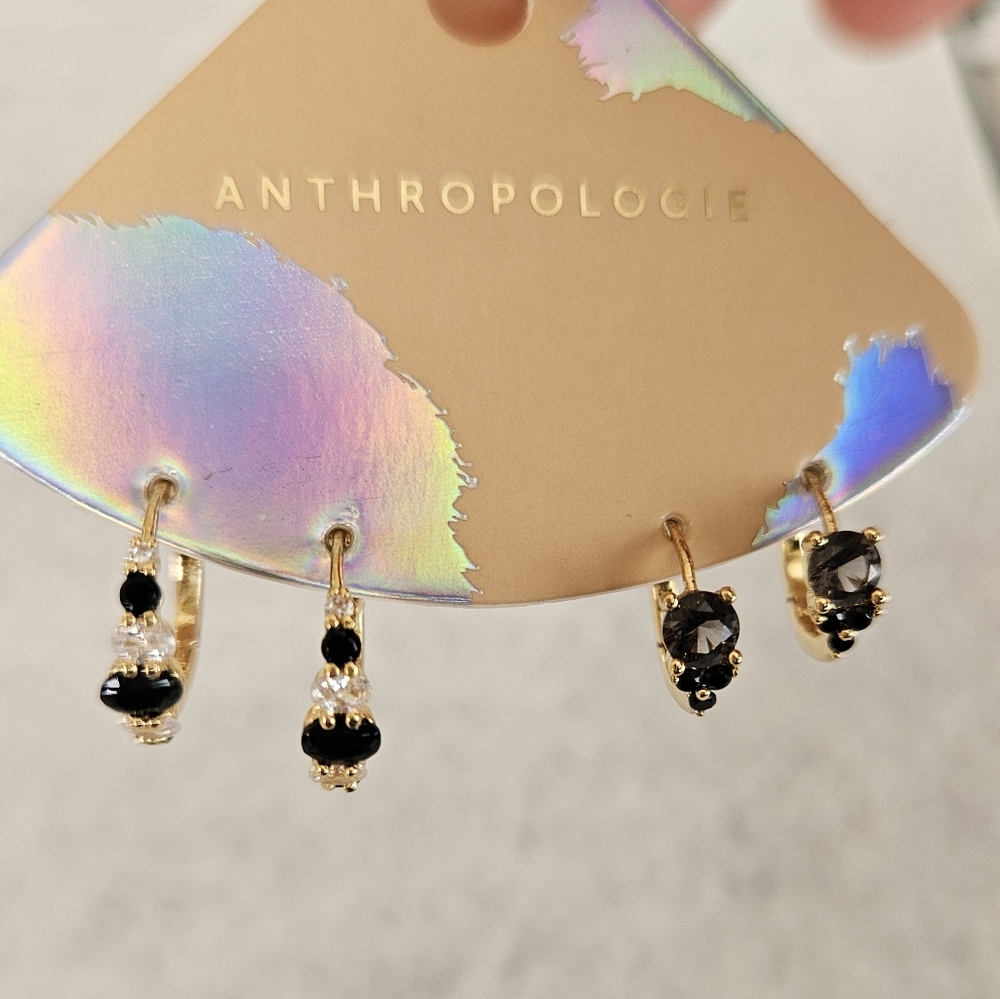 Anthropologie Black And White Cubic Zirconia  Gold-Tone Earrings Set